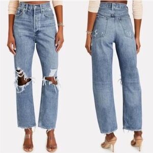 AGOLDE 90s Mid Rise Loose Fit Shredded Knee Jeans Grunge Core